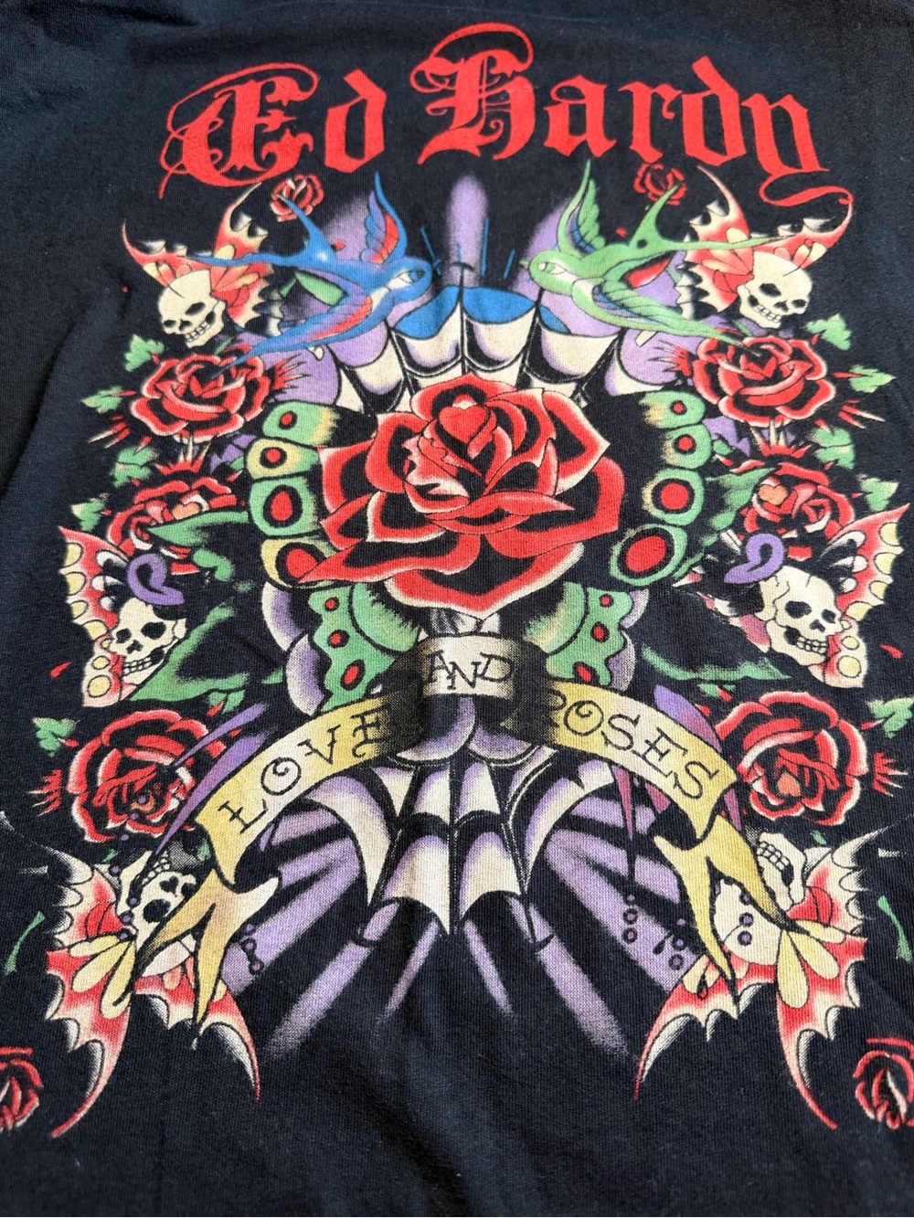 Vintage Ed Hardy Black Long Sleeve Graphic Tee Love & Roses Small Y2K McBling - Picture 5 of 6
